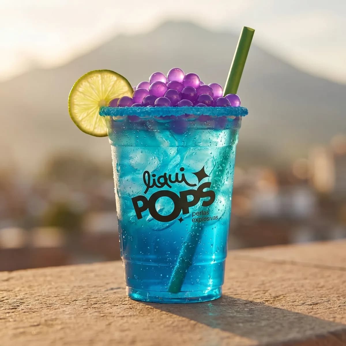 Soda loca azul con perlas explosivas LiquiPops sabor uva, escarcha azul y rodaja de limon — paisaje de montana al fondo