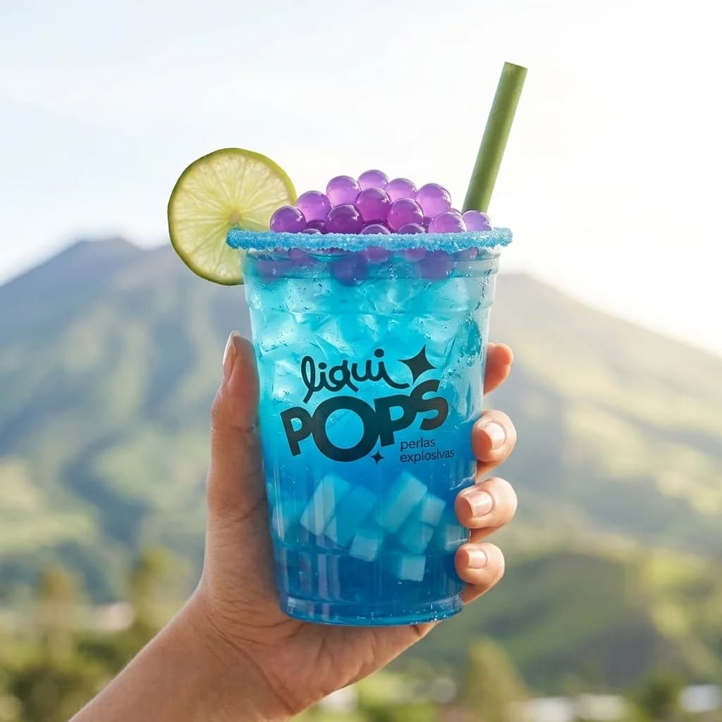 Soda loca azul con perlas explosivas moradas de uva LiquiPops y escarchado azul, con montañas verdes de fondo