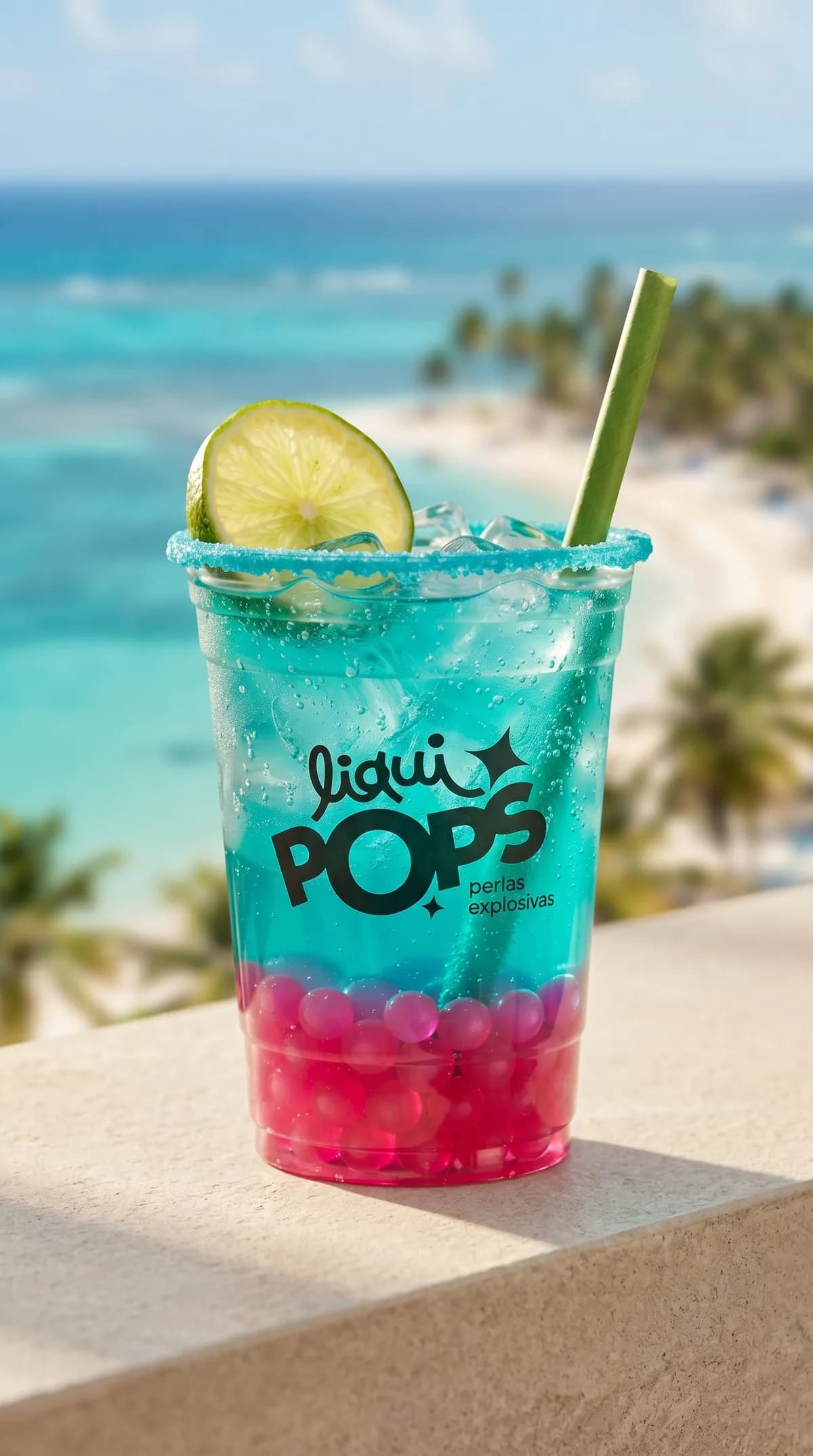 Soda loca azul con perlas explosivas rojas de fresa LiquiPops y rodaja de limon, frente a una playa de aguas turquesa