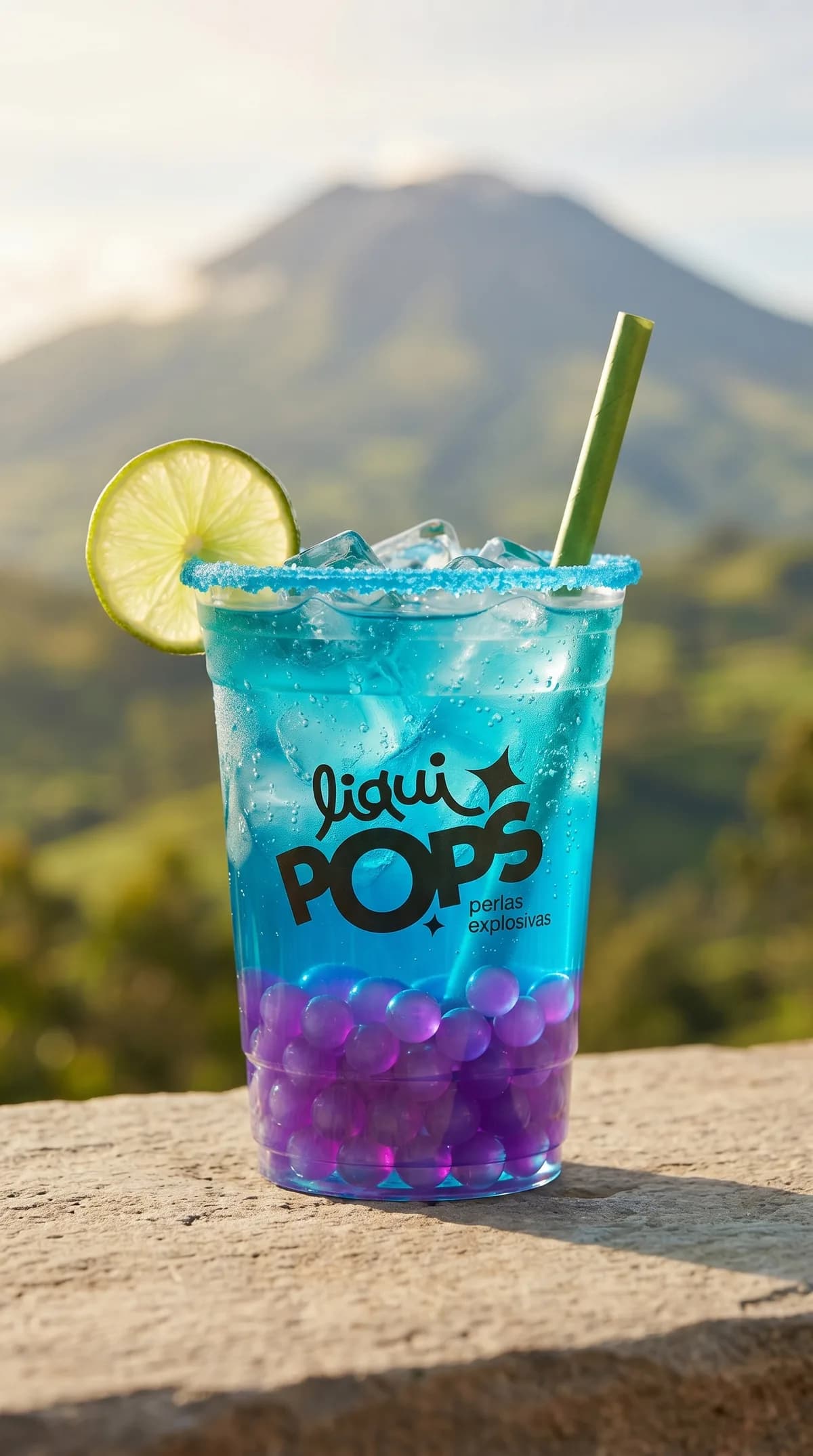Soda loca azul con perlas explosivas moradas de uva LiquiPops y rodaja de limon, con paisaje de montana al fondo