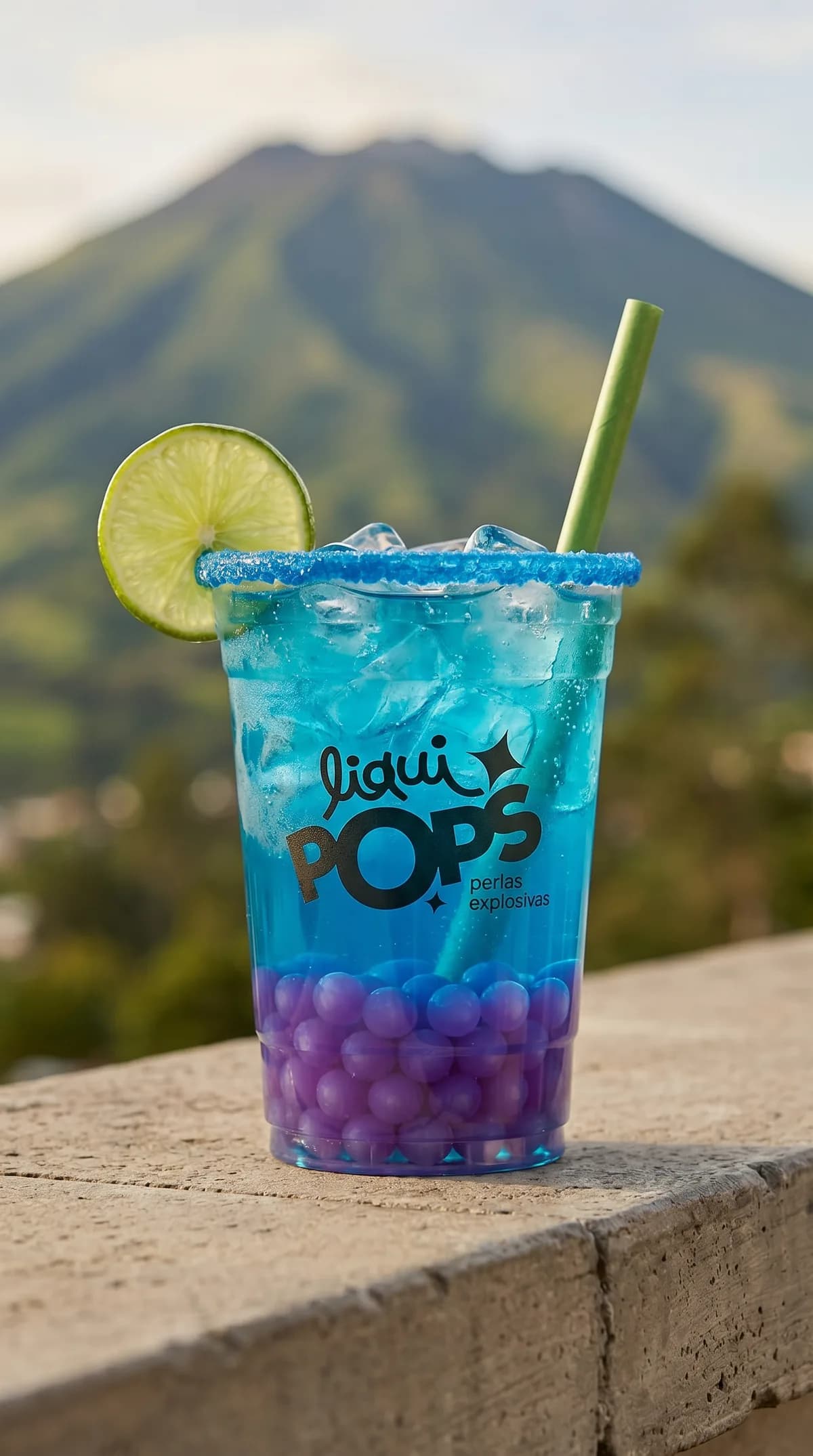 Soda loca azul con perlas explosivas de uva LiquiPops, rodaja de limon y borde escarchado, frente a un paisaje de montaña
