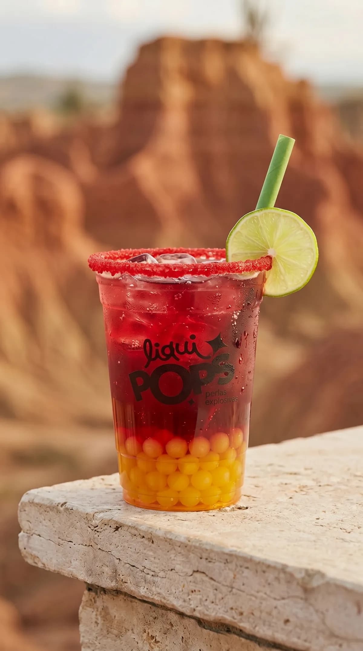 Soda loca roja de cereza con perlas explosivas amarillas LiquiPops y escarchado rojo, en paisaje desertico