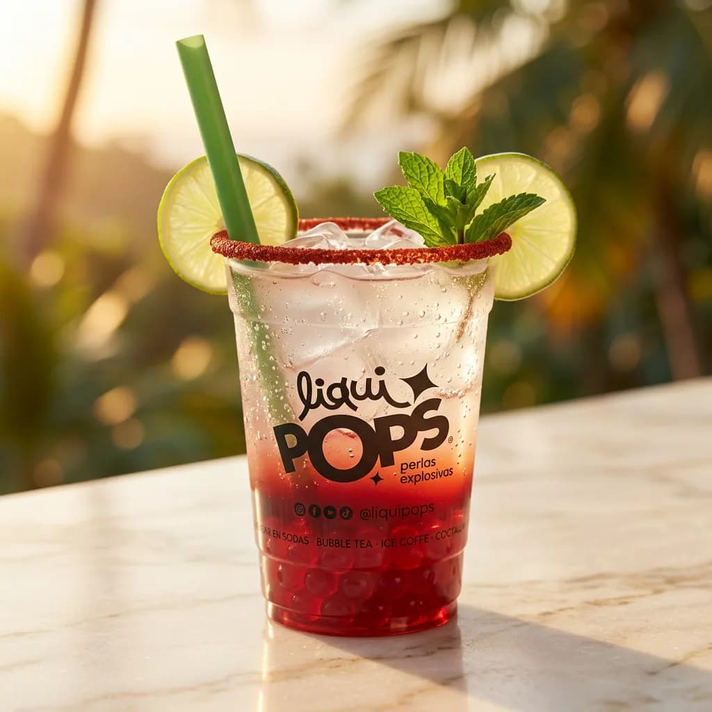 Soda loca de cereza con perlas explosivas LiquiPops rojas, escarchada con chile, limon y hierbabuena