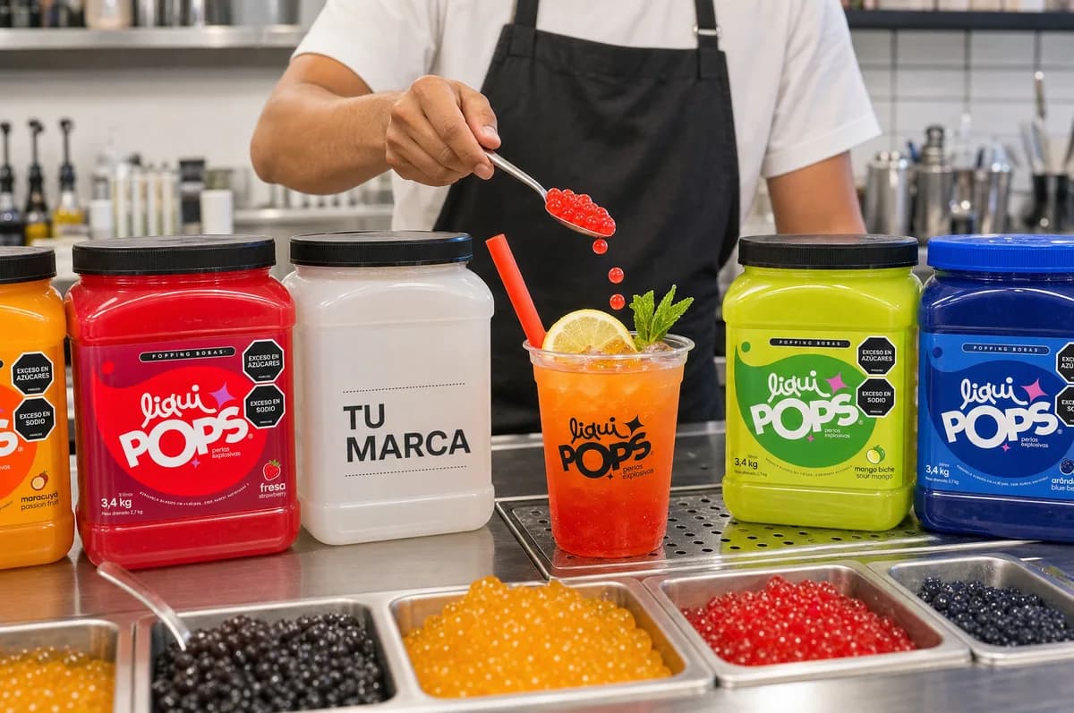 Barista sirviendo perlas explosivas rojas sobre una soda loca naranja con limón y menta y perlas explosivas LiquiPops, entre tinas de maracuyá, fresa, mango biche y arándano de 3,4 kg