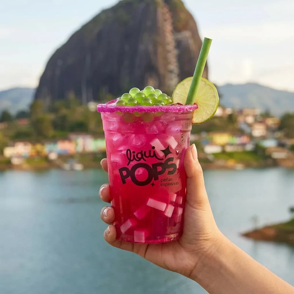 Soda loca fucsia de fresa con perlas explosivas verdes LiquiPops y escarchado rosado, frente a un peñon y un embalse