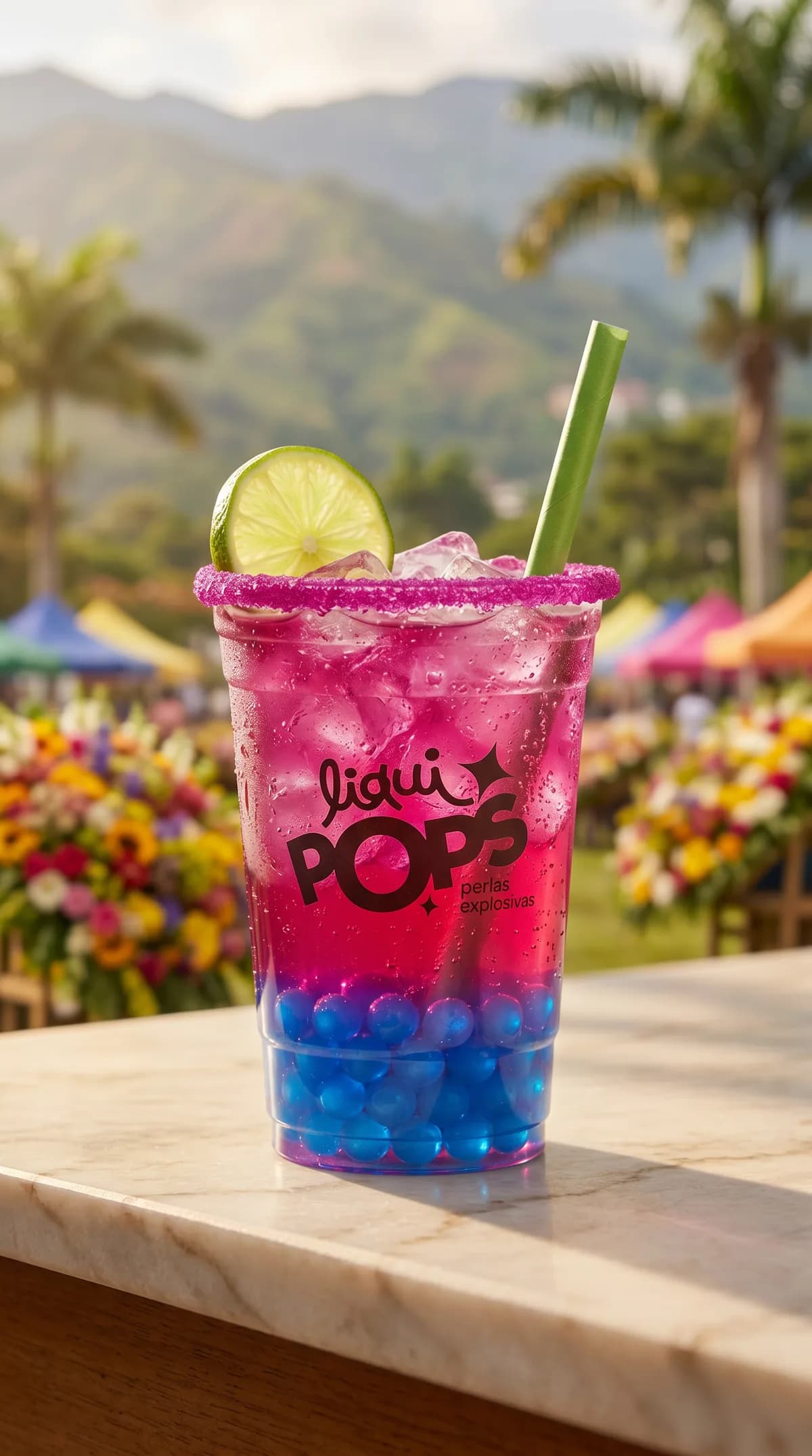 Soda loca degradado rosa y azul con perlas explosivas azules LiquiPops, en feria de flores