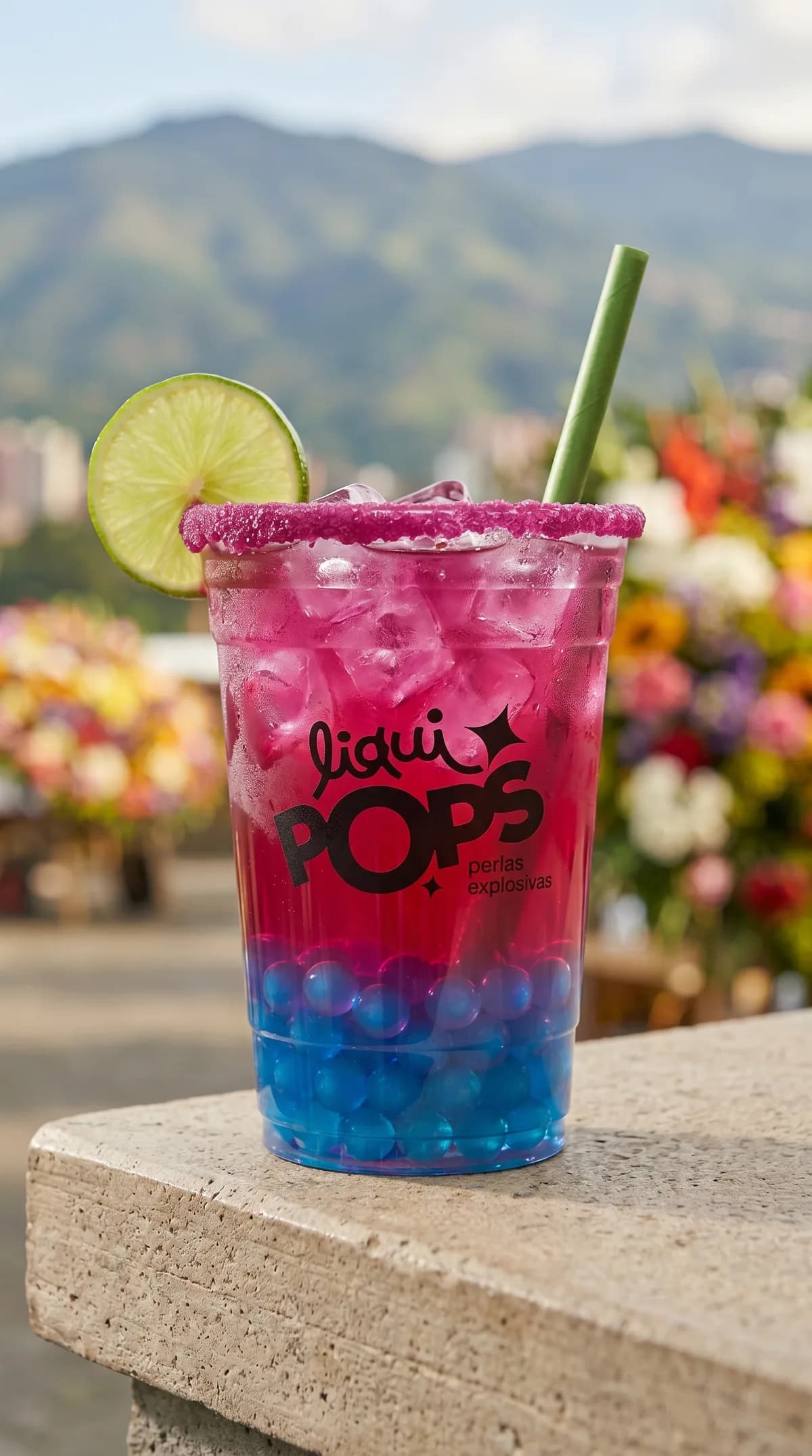 Soda loca degradada fucsia y azul con perlas explosivas azules LiquiPops y borde escarchado, en vaso para llevar con paisaje de Medellín al fondo