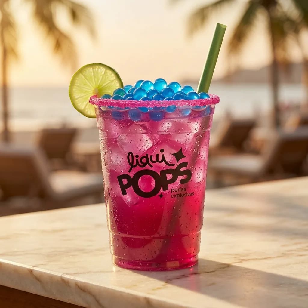 Soda loca rosada con perlas explosivas azules LiquiPops — vaso con limón al atardecer frente al mar