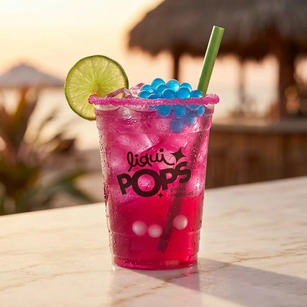 Soda loca de frutos rojos con perlas explosivas azules LiquiPops — vaso escarchado con limón en un bar de playa