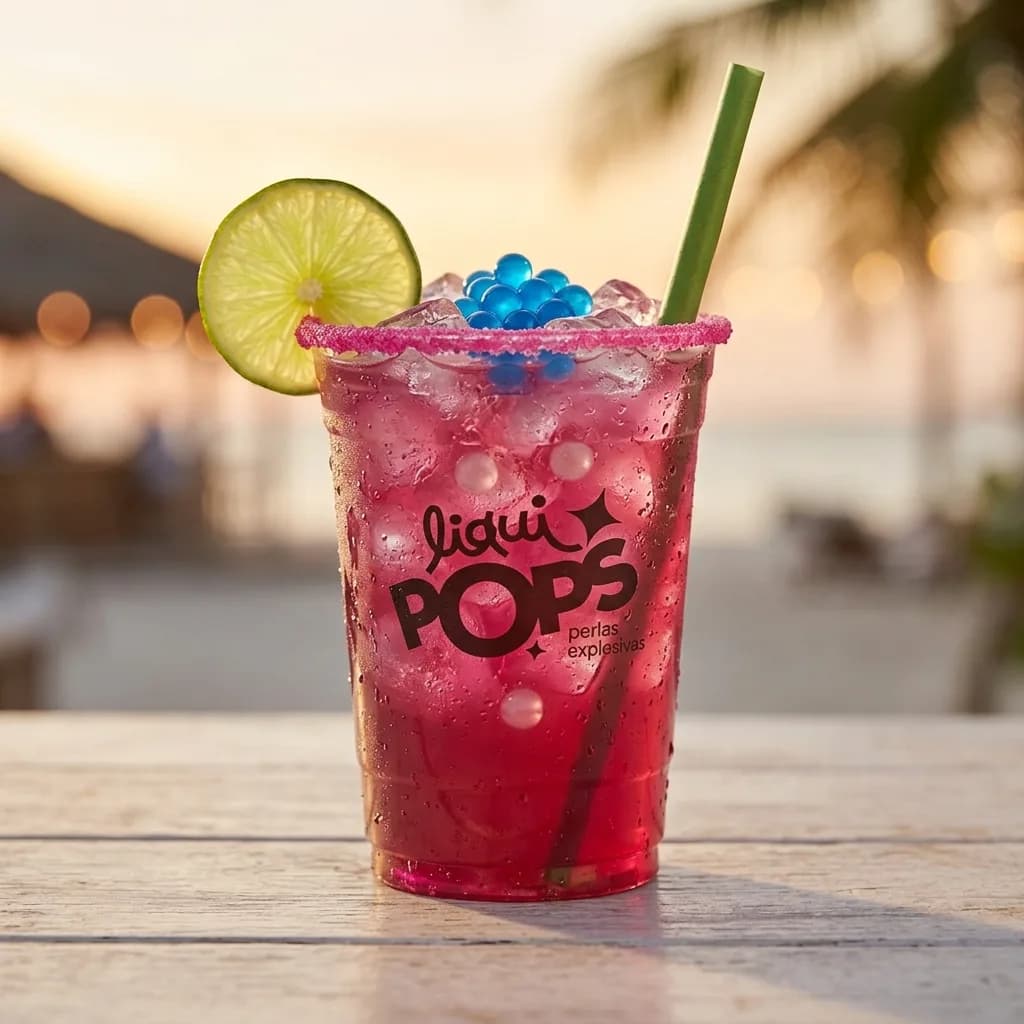 Soda loca rosada de frutos rojos con perlas explosivas azules LiquiPops — vaso con limón al atardecer en la playa