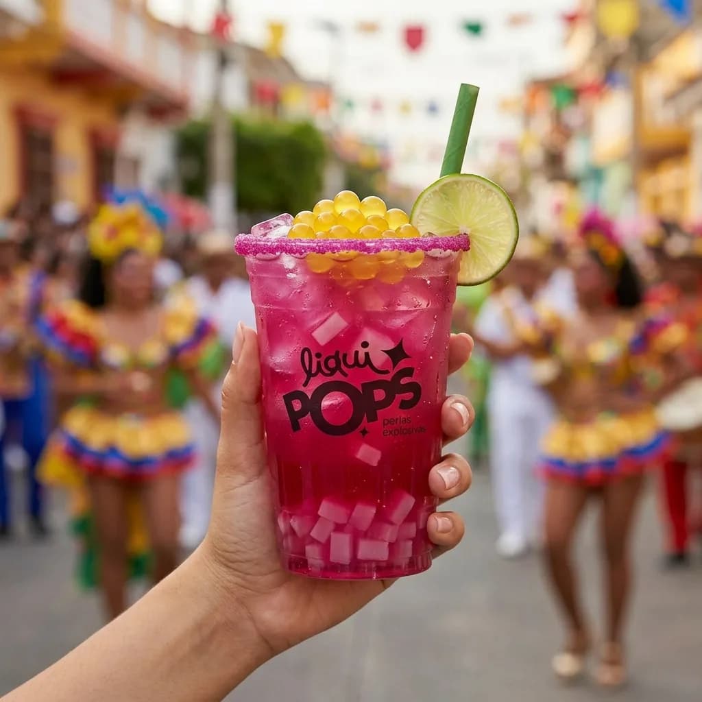 Soda loca fucsia con perlas explosivas amarillas LiquiPops y jelly — vaso en mano en una calle de carnaval colorida