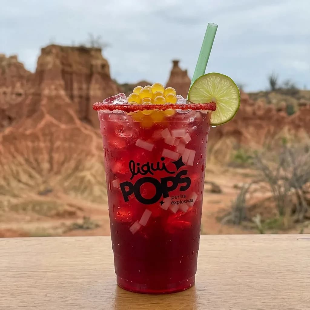 Soda loca de frutos rojos con perlas explosivas amarillas LiquiPops — borde de chamoy, limón y trozos de coco, paisaje del desierto de la Tatacoa