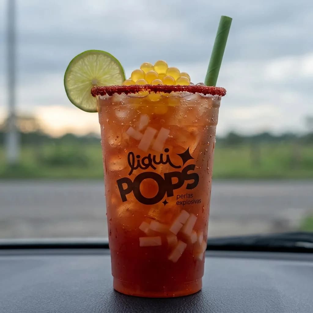 Soda loca de frutos rojos con perlas explosivas amarillas LiquiPops — borde de chamoy, limón y trozos de coco, paisaje de carretera al fondo