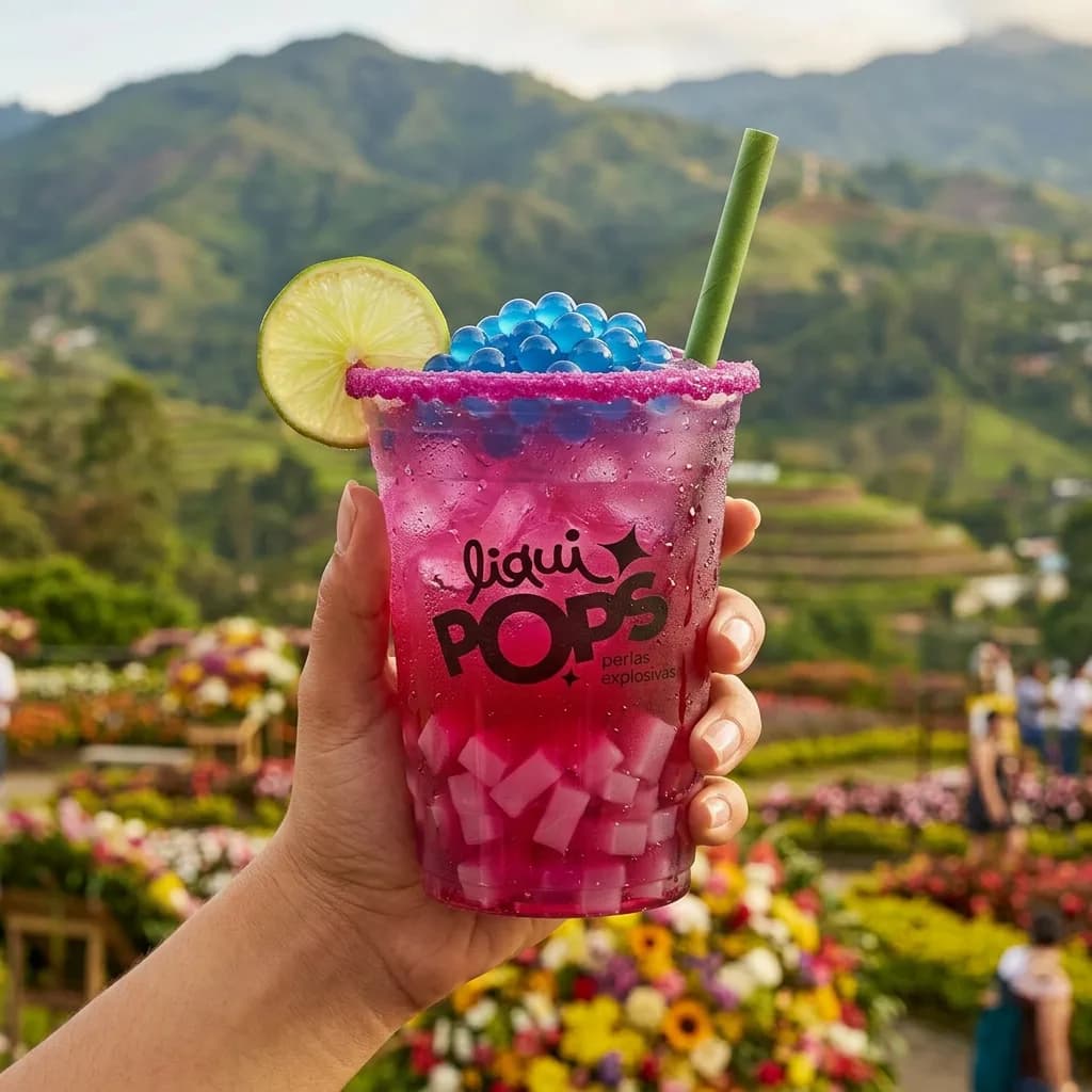 Soda loca rosada con perlas explosivas azules LiquiPops y cubos de jelly — vaso en mano frente a un jardin de flores y montañas