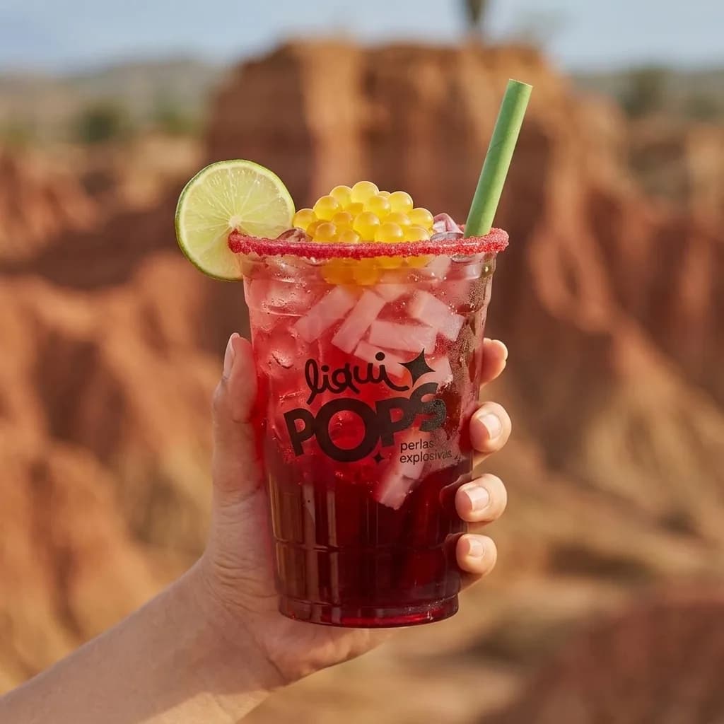 Soda loca roja de frutos rojos con perlas explosivas amarillas de mango LiquiPops y escarchado rojo, en un paisaje desertico
