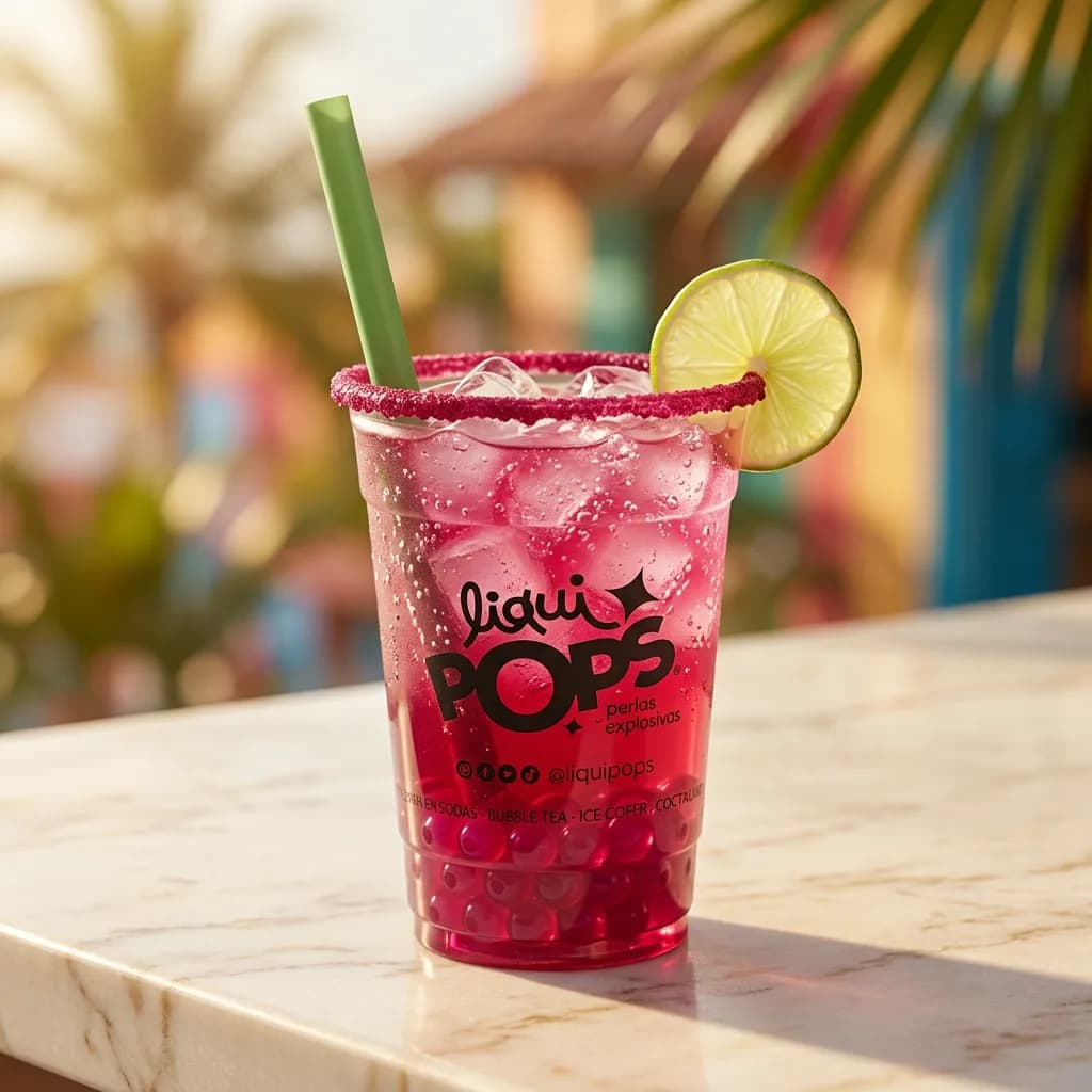 Soda loca roja de frutos rojos con perlas explosivas LiquiPops rojas, escarchada y con rodaja de limon