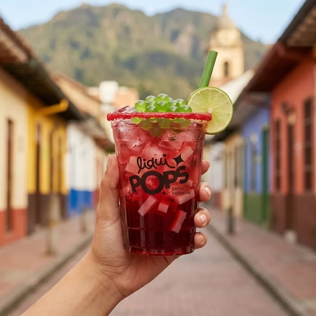 Soda loca roja con perlas explosivas verdes LiquiPops y cubos de jelly — vaso escarchado en un pueblo de fachadas de colores