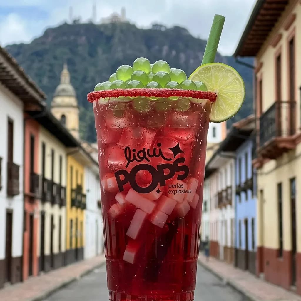 Soda loca de frutos rojos con perlas explosivas verdes LiquiPops — borde de chamoy, limón y trozos de coco, calle colonial colombiana
