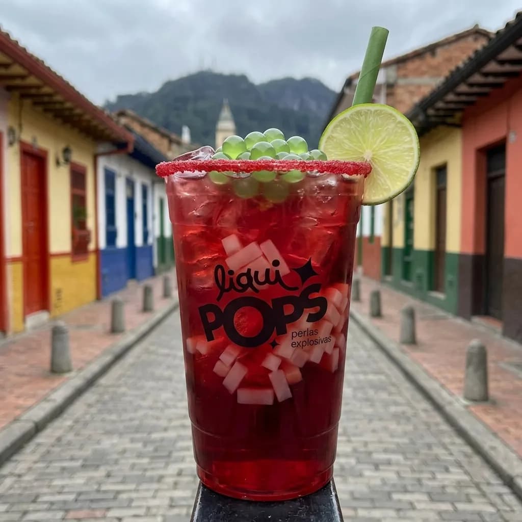 Soda loca de frutos rojos con perlas explosivas verdes LiquiPops — borde de chamoy, limón y trozos de coco, calle empedrada de pueblo colonial