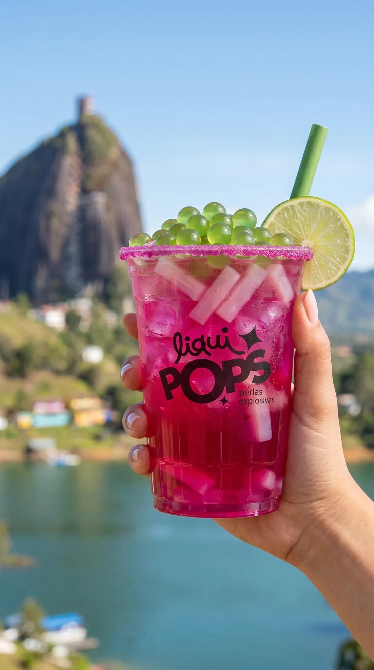 Soda loca rosada con perlas explosivas verdes LiquiPops, rodaja de limon y escarchado, frente a la Piedra del Penol