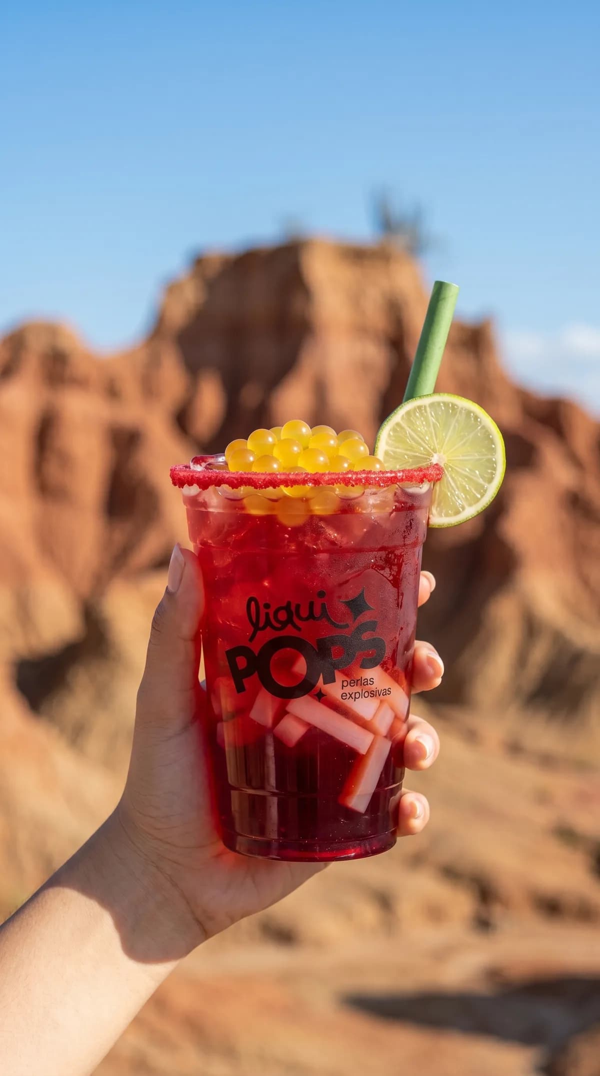 Soda loca de frutos rojos con perlas explosivas de mango LiquiPops — vaso escarchado en paisaje desértico