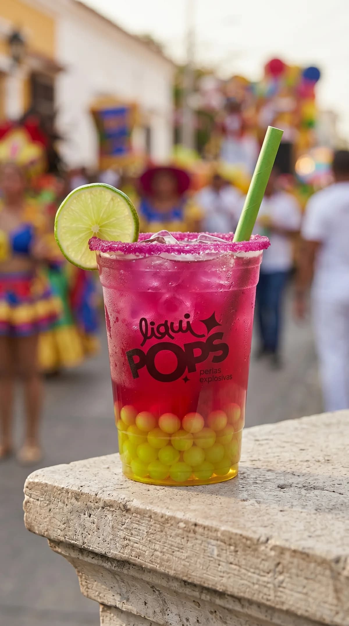 Soda loca fucsia con perlas explosivas de mango LiquiPops y rodaja de limon, en un ambiente de carnaval colorido