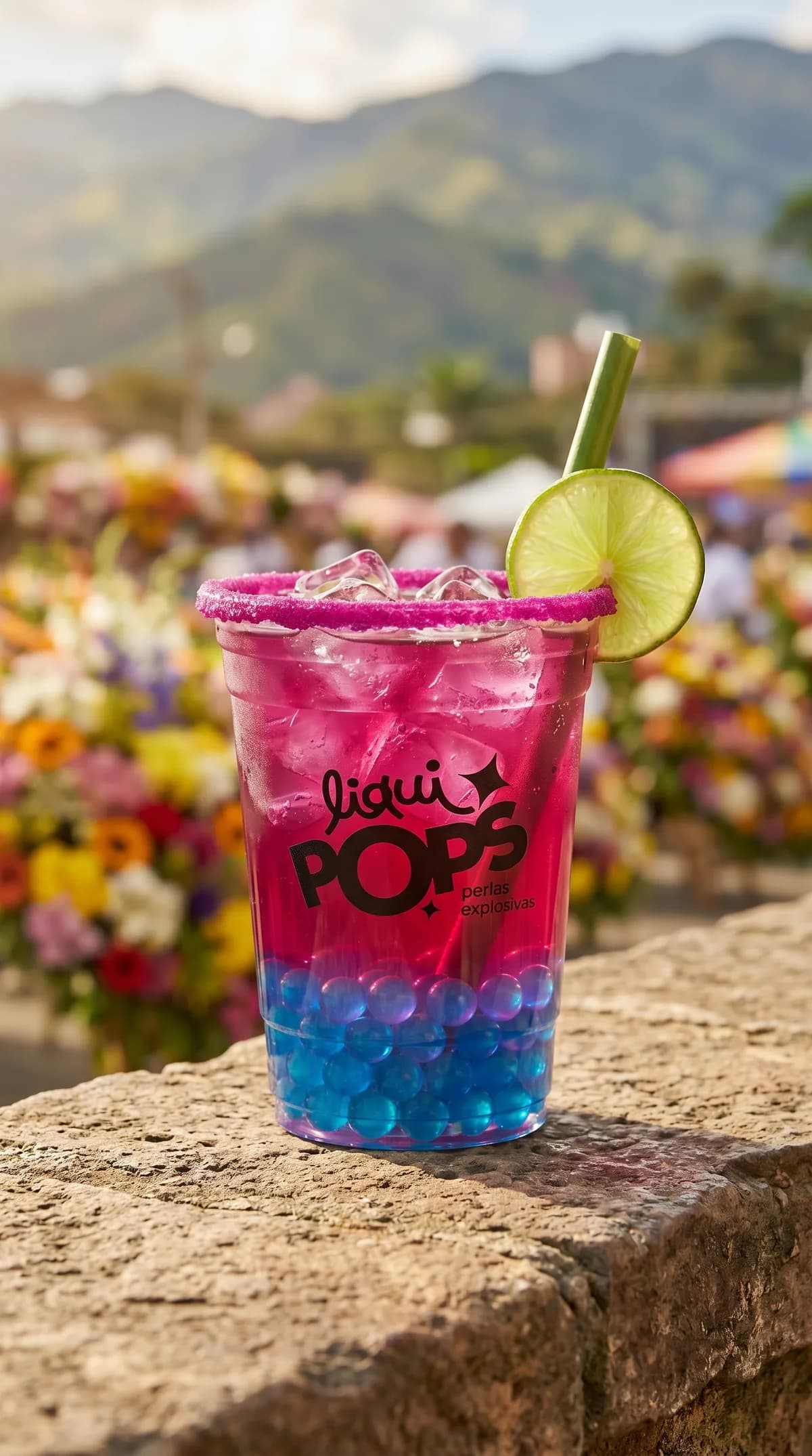 Soda loca fucsia con perlas explosivas azules LiquiPops y rodaja de limon, frente a un jardin de flores colorido