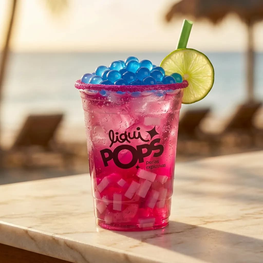 Soda loca fucsia con perlas explosivas azules LiquiPops y trozos de coco — vaso escarchado de chamoy con rodaja de lima frente al mar
