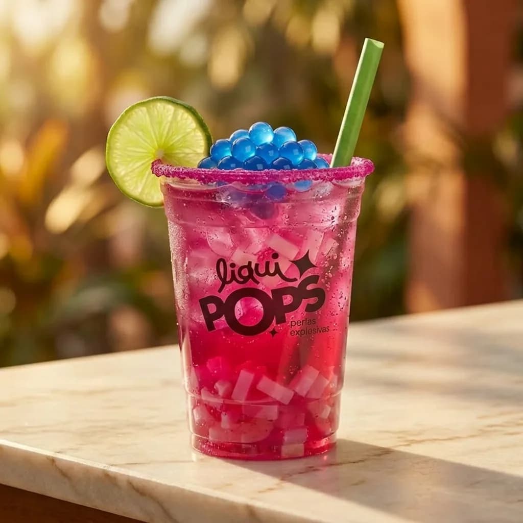 Soda loca fucsia con perlas explosivas azules LiquiPops y trozos de coco — vaso escarchado de chamoy con rodaja de lima al aire libre