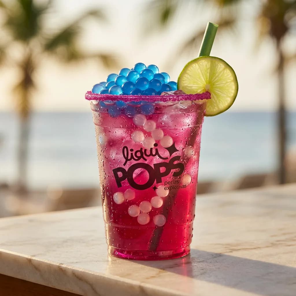 Soda loca fucsia con perlas explosivas azules LiquiPops y perlas blancas — vaso escarchado de chamoy con rodaja de lima frente a las palmeras