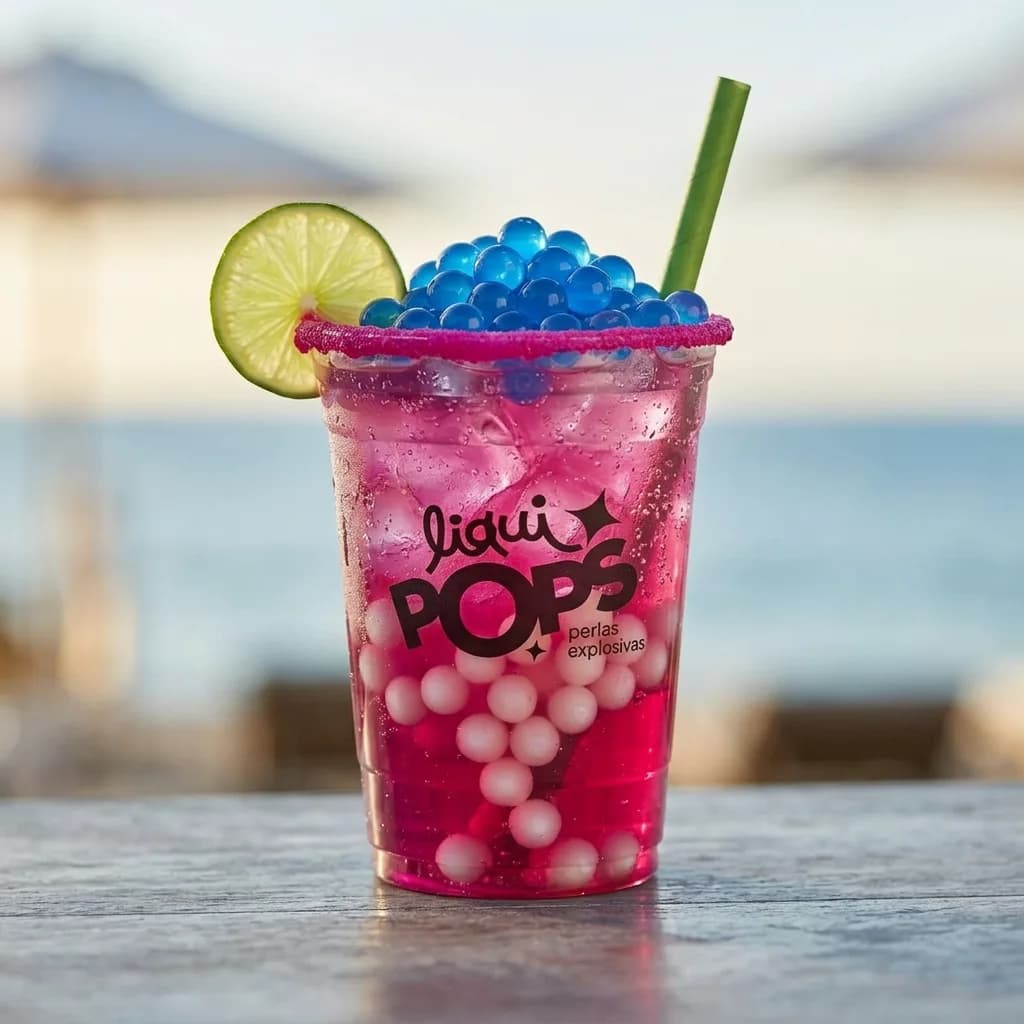 Soda loca fucsia con perlas explosivas azules LiquiPops y perlas de coco — vaso escarchado de chamoy con rodaja de lima frente al mar