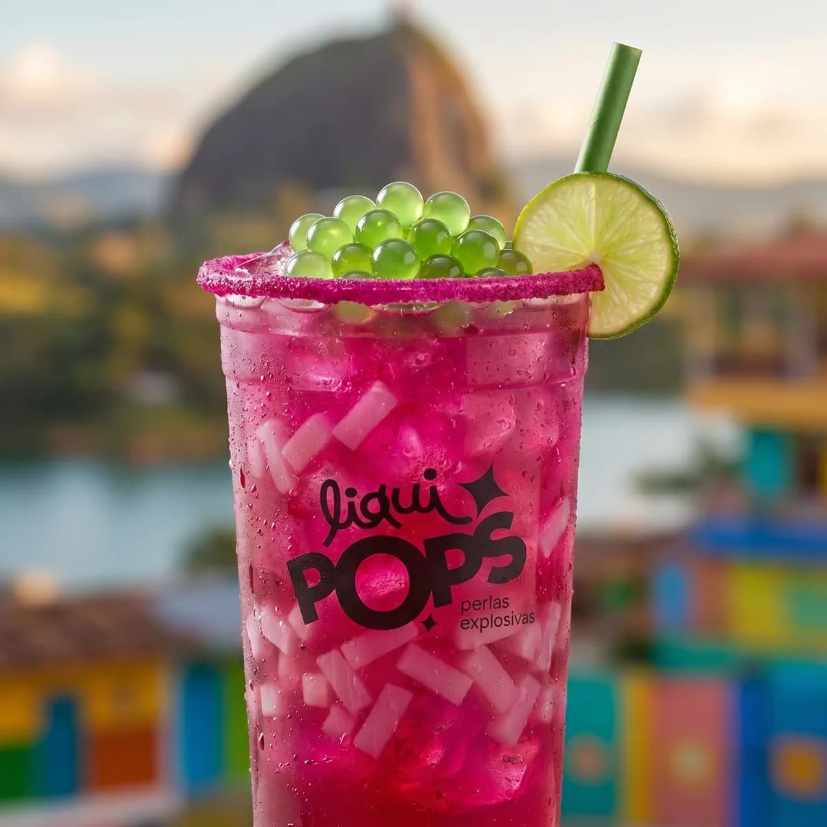 Soda loca fucsia con perlas explosivas verdes LiquiPops — borde de chamoy, limón y trozos de coco, Piedra del Peñol de Guatapé de fondo