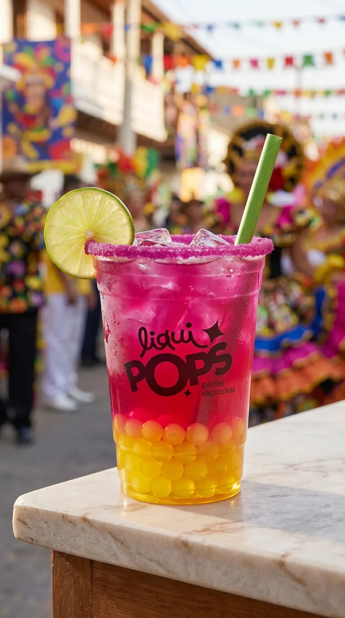 Soda loca fucsia con perlas explosivas amarillas de mango LiquiPops y rodaja de limon, en un desfile de carnaval
