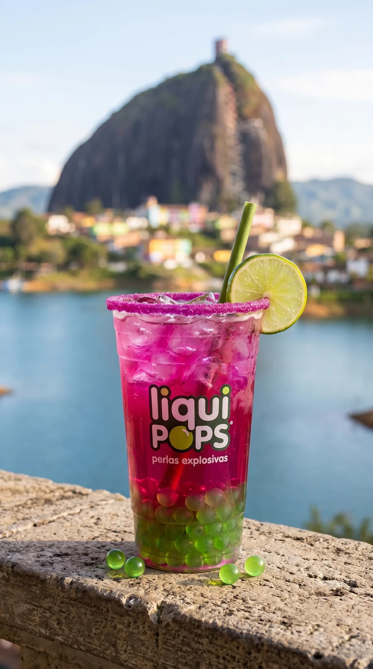Soda loca fucsia con perlas explosivas verdes LiquiPops y rodaja de limon, frente a la Piedra del Penol en Guatape
