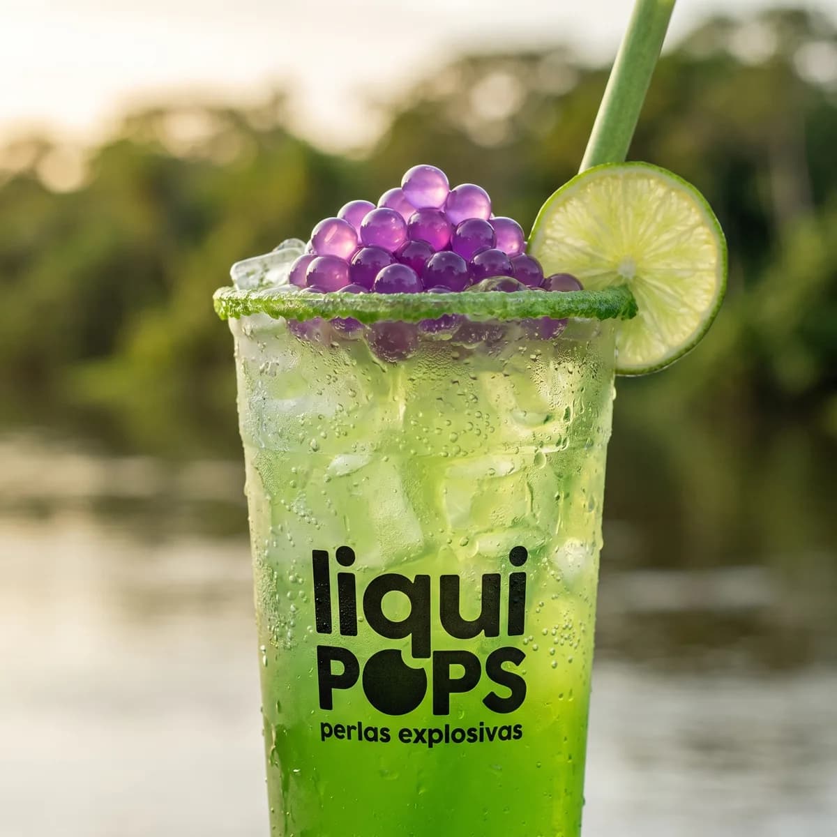 Soda loca verde limon con perlas explosivas LiquiPops sabor uva y rodaja de limon — escenario junto al rio al atardecer