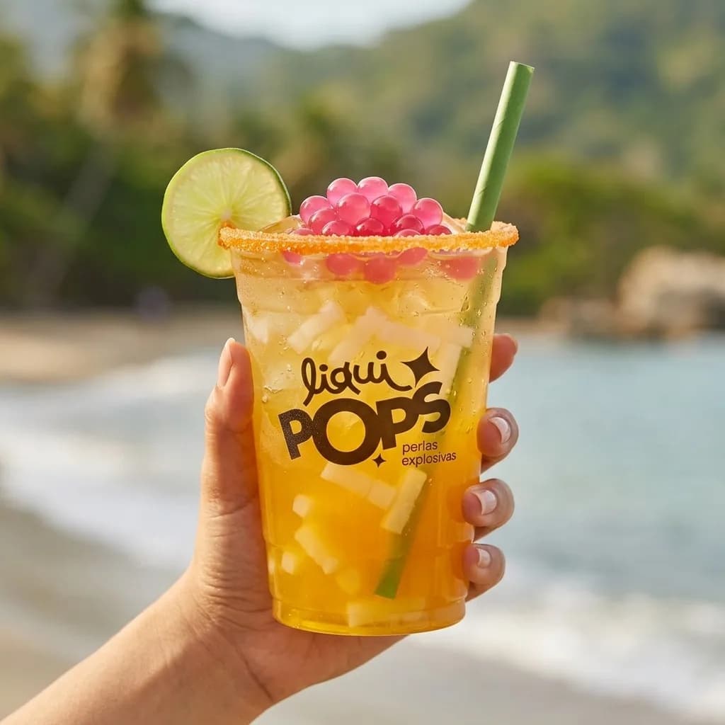 Soda loca dorada estilo mango biche con perlas explosivas rosadas LiquiPops y jelly — vaso en la playa frente al mar