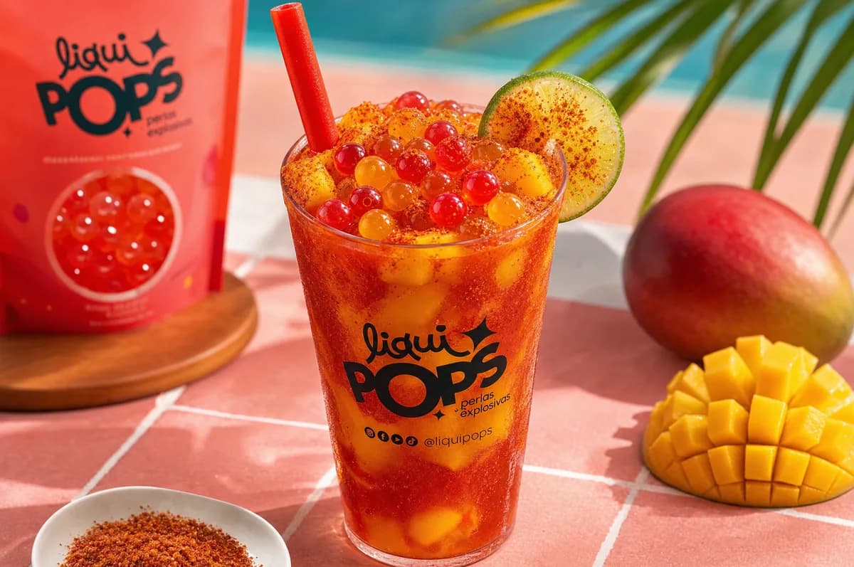 Soda loca de mango con chile, lima y perlas explosivas rojas LiquiPops — vaso escarchado junto a la bolsa, escena de piscina