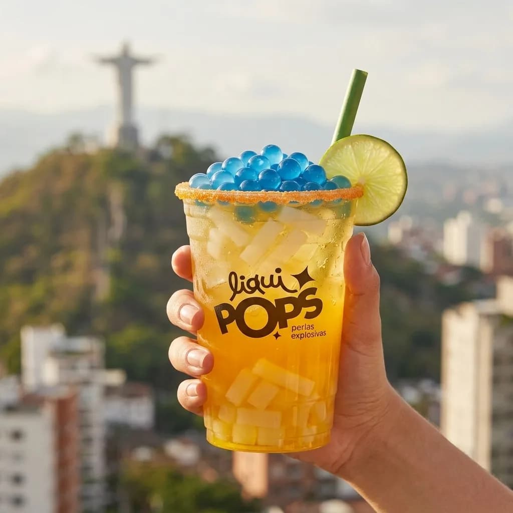 Soda loca de mango con perlas explosivas azules LiquiPops — vaso en mano con borde de chamoy, limón y trozos de coco, vista del Cristo de fondo