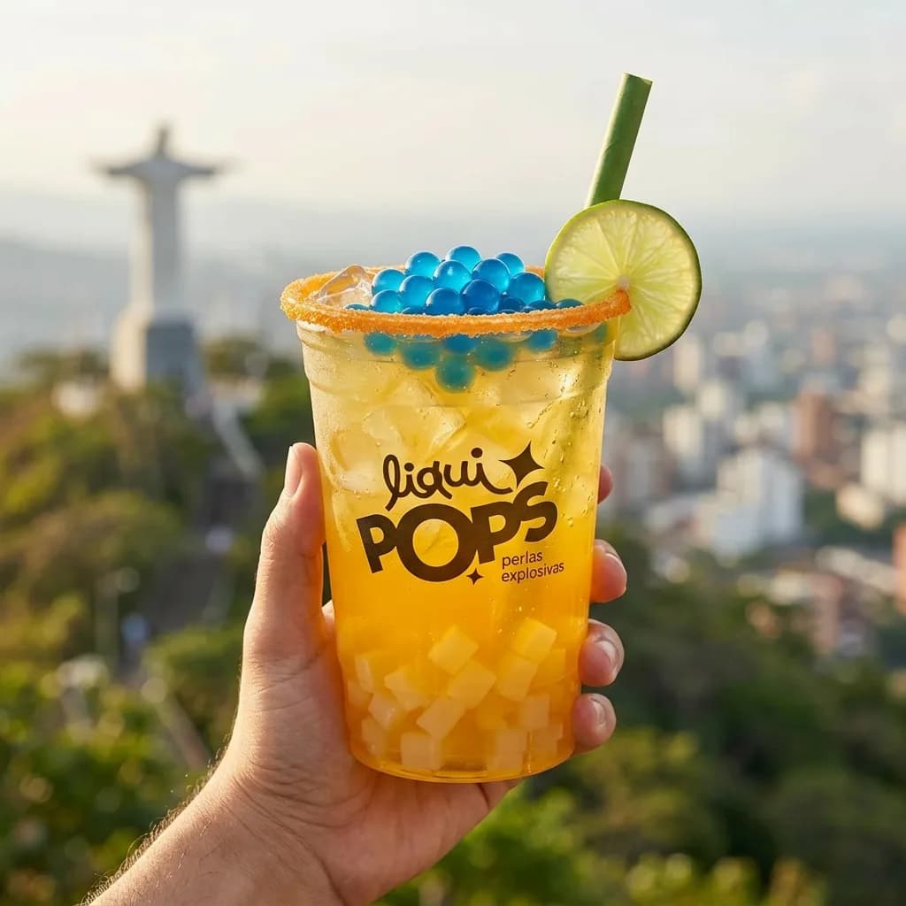 Soda loca de mango con perlas explosivas azules LiquiPops — borde de chamoy, limón y trozos de fruta, monumento del Cristo de fondo