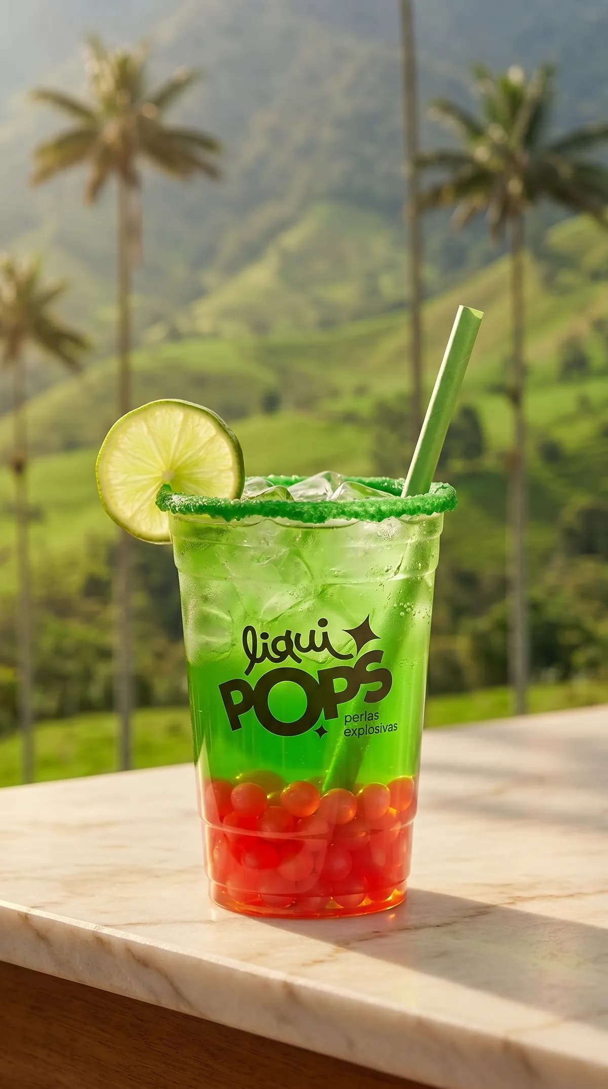 Soda loca verde manzana con perlas explosivas rojas LiquiPops, frente al Valle de Cocora