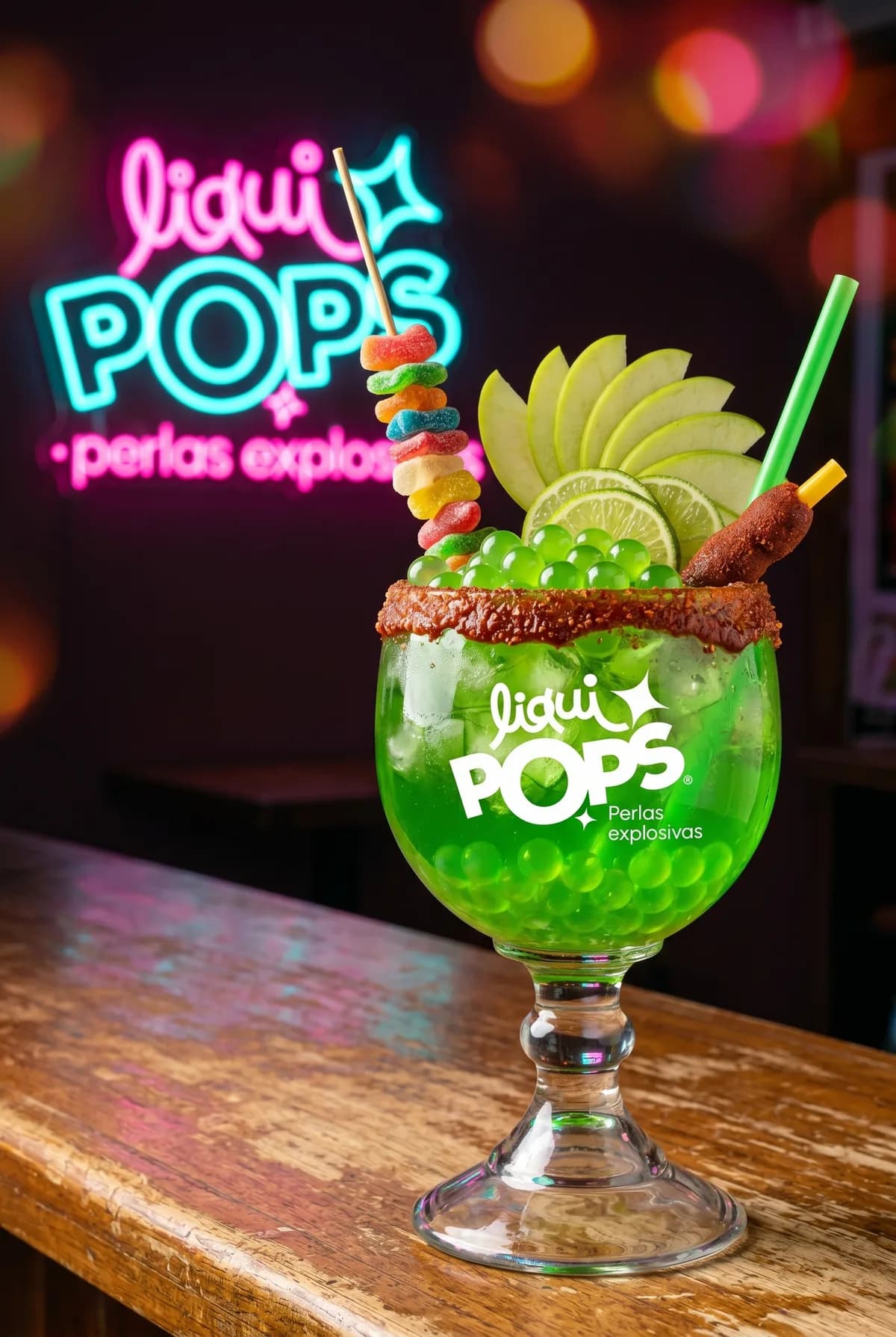 Copa de soda loca verde sabor manzana con perlas explosivas LiquiPops, manzana y limón — escarcha de chamoy sobre barra de madera