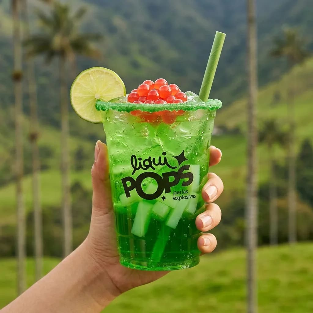 Soda loca verde de manzana con perlas explosivas rojas LiquiPops y trozos de jelly — vaso escarchado frente a palmas de cera
