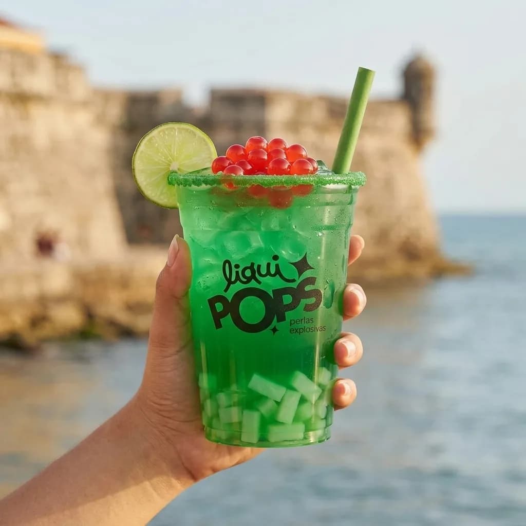 Soda loca verde con perlas explosivas rojas LiquiPops y jelly — vaso escarchado frente a una muralla junto al mar