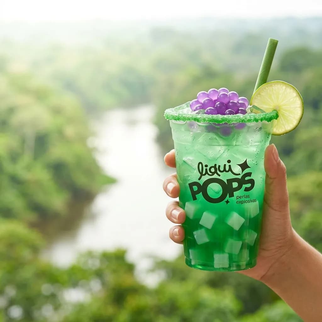 Soda loca verde de manzana con perlas explosivas de uva LiquiPops y escarchado verde, con vista a un rio selvatico