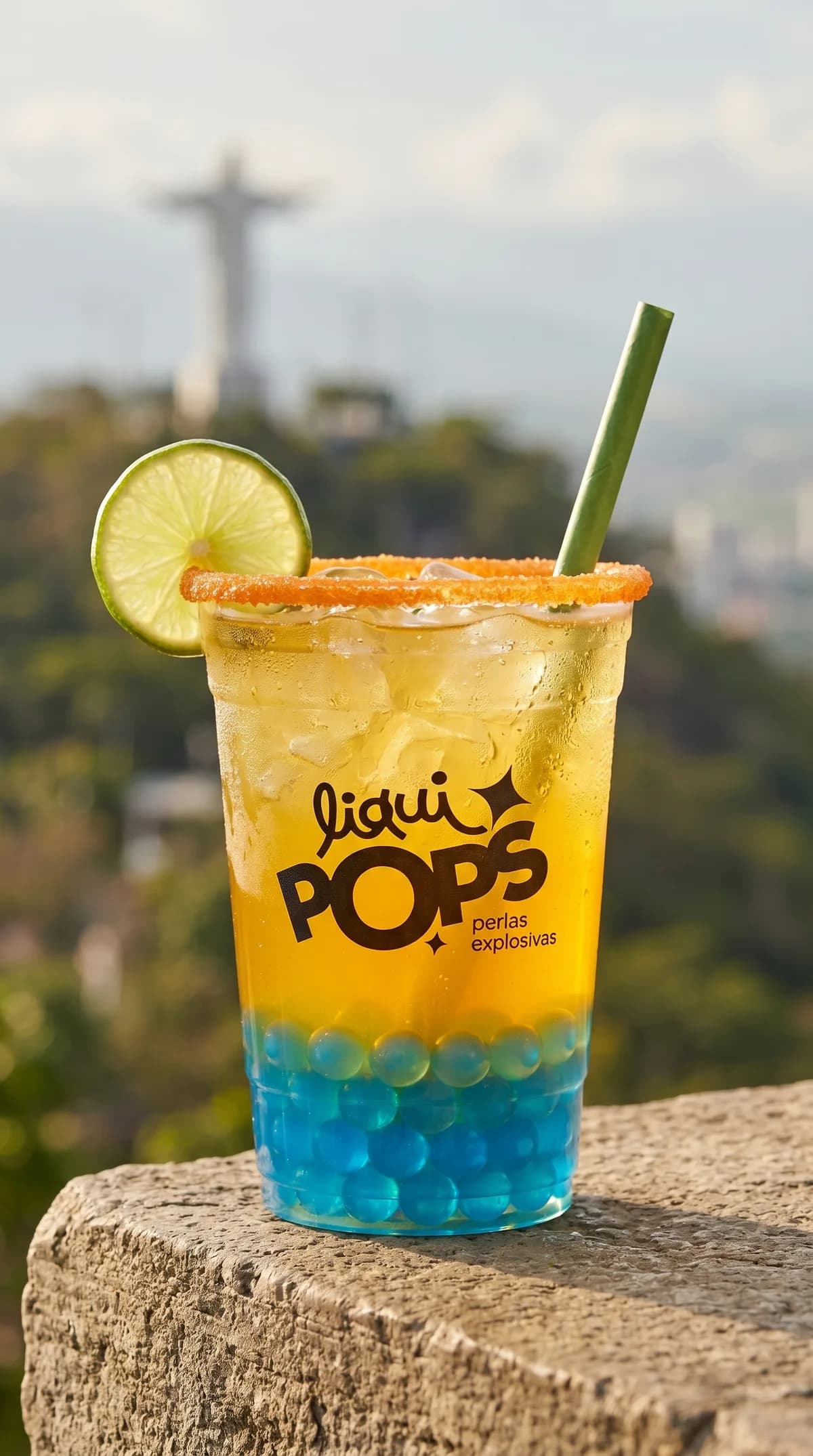 Soda loca amarilla de maracuya con perlas explosivas azules LiquiPops, con paisaje de Rio al fondo