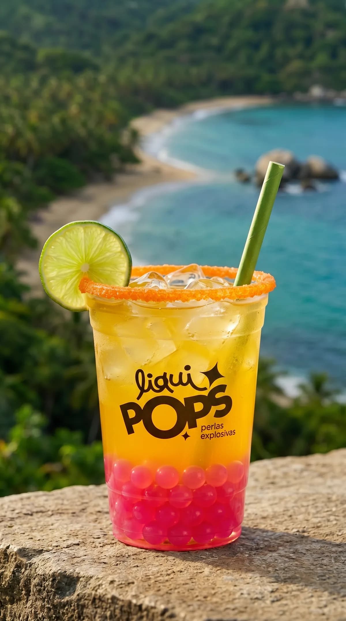 Soda loca naranja de maracuya con perlas explosivas rosadas LiquiPops, frente a la playa del Tayrona