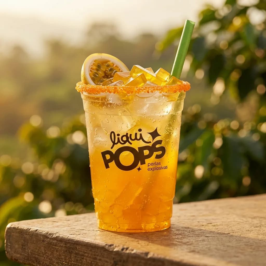Soda loca de maracuya con jellys y perlas explosivas LiquiPops, escarchado naranja en un entorno tropical