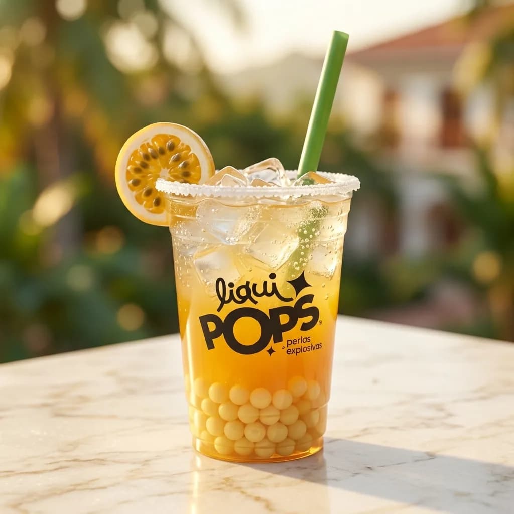 Soda loca de maracuya con perlas explosivas LiquiPops amarillas, escarchada y con rodaja de maracuya