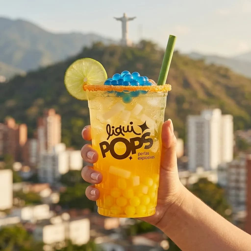 Soda loca de maracuyá con perlas explosivas azules y amarillas LiquiPops y jelly — vaso en mano con vista panorámica de la ciudad