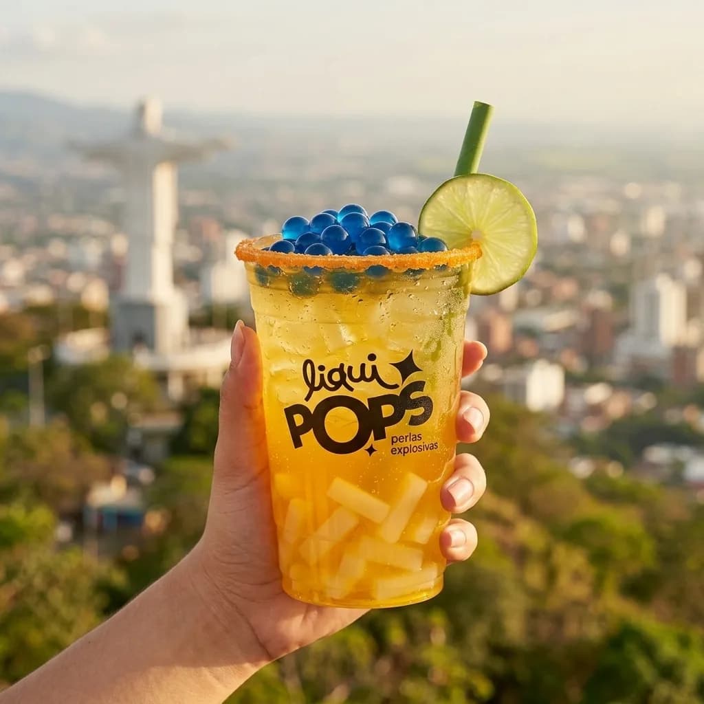 Soda loca dorada de maracuyá con perlas explosivas azules LiquiPops y jelly — vaso escarchado frente al Cristo y la ciudad